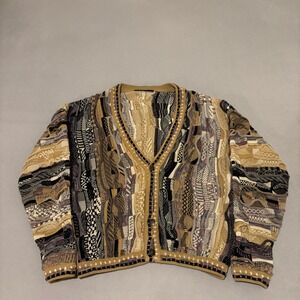 Vintage Tundra 3D Knit Cardigan Sweater Tan Black Multi Pattern 90s Style XL